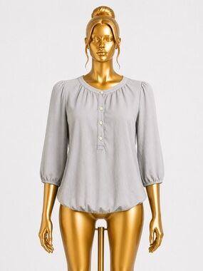 LOFT Soft Gray Henley Blouse with Three-Quarter Sleeves